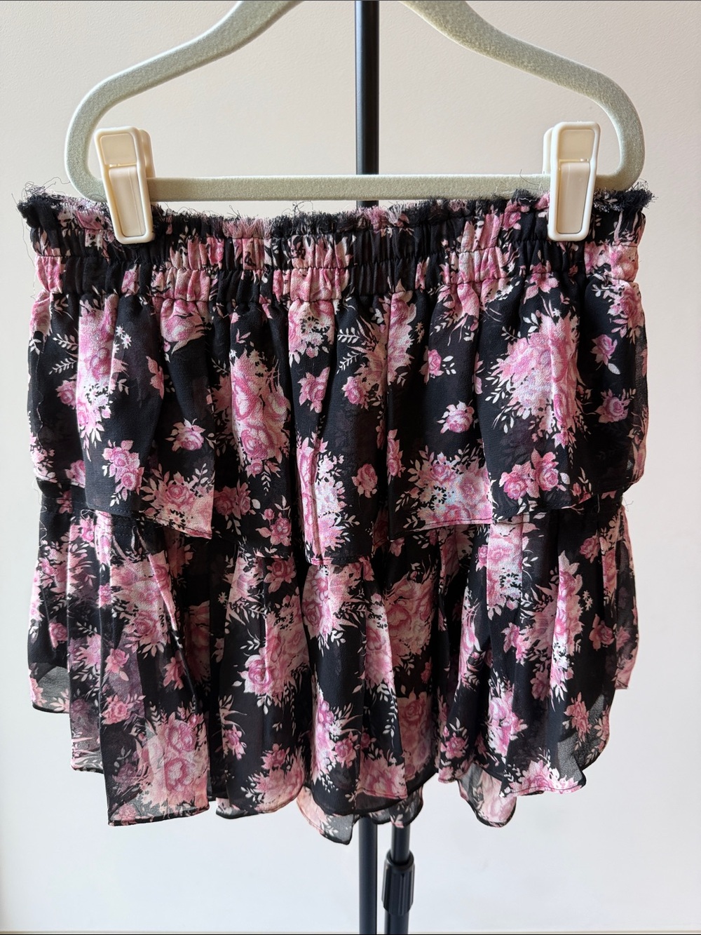 LoveShackFancy Black and Pink Floral Tiered Mini Skirt